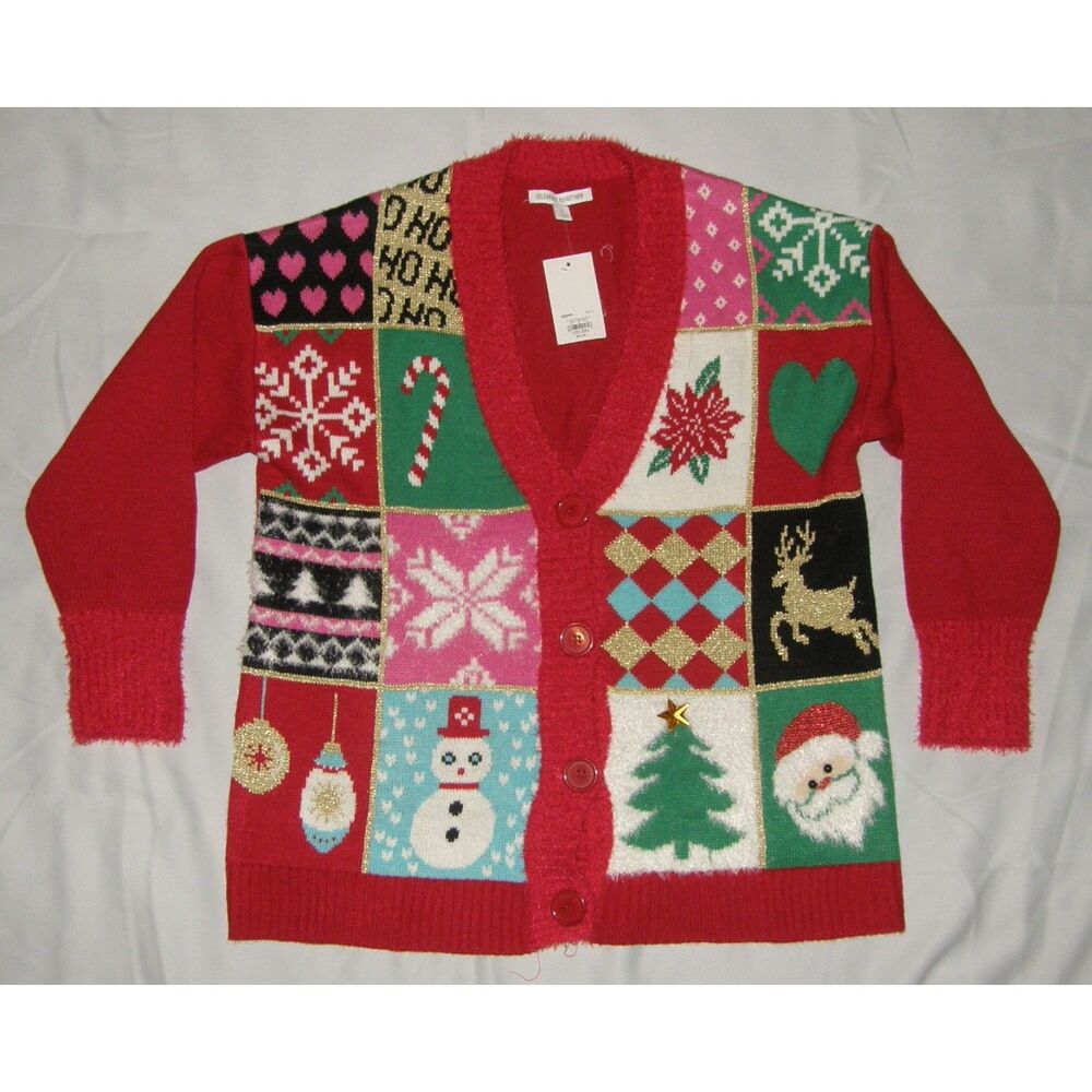 CELEBRATE TOGETHER Sparkly Red Sz Medium Christmas Holiday Cardigan Sweater NEW